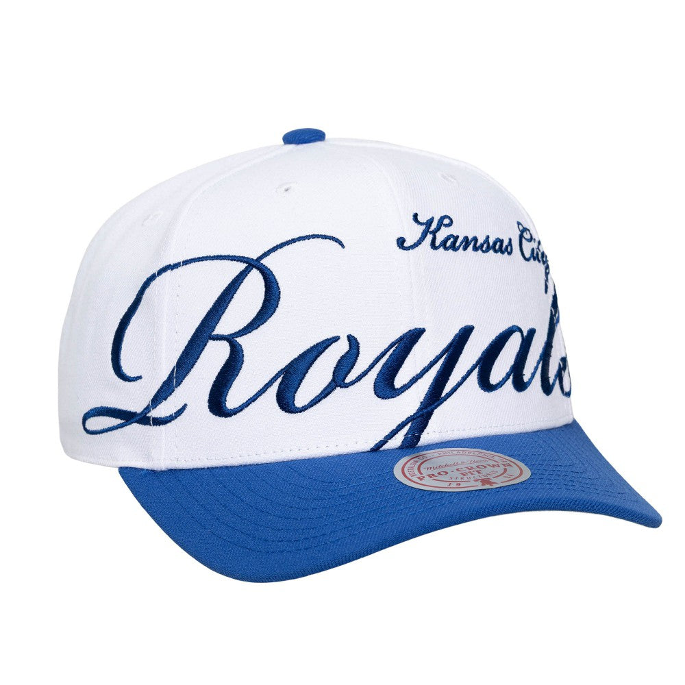 Kansas City Royals Mitchell & Ness Unisex XL Script Pro Crown Snapback Hat - White/Royal Hats