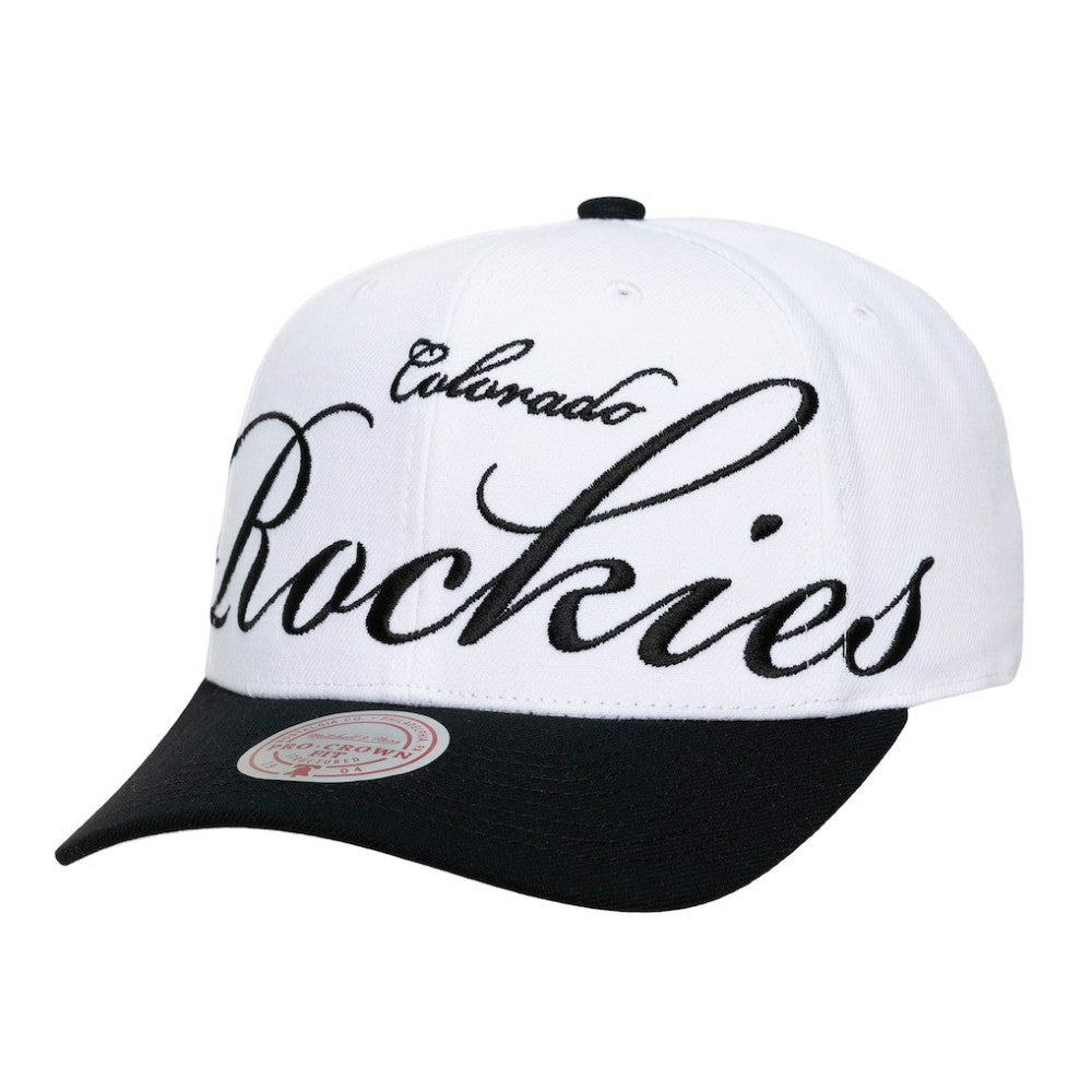 Colorado Rockies Mitchell & Ness Unisex XL Script Pro Crown Snapback Hat - White/Black Hats