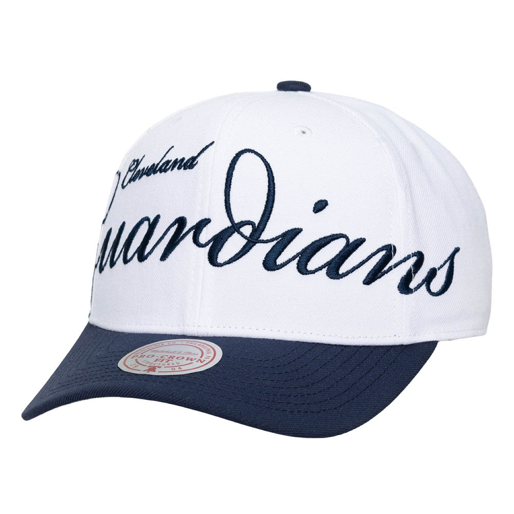 Cleveland Guardians Mitchell & Ness Unisex XL Script Pro Crown Snapback Hat - White/Navy Hats