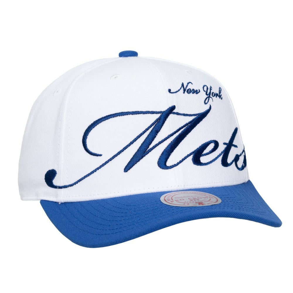 New York Mets Mitchell & Ness Unisex XL Script Pro Crown Snapback Hat - White/Royal Hats