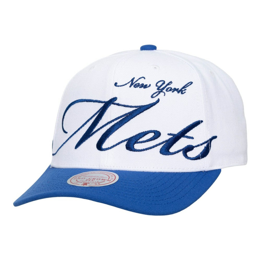 New York Mets Mitchell & Ness Unisex XL Script Pro Crown Snapback Hat - White/Royal Hats