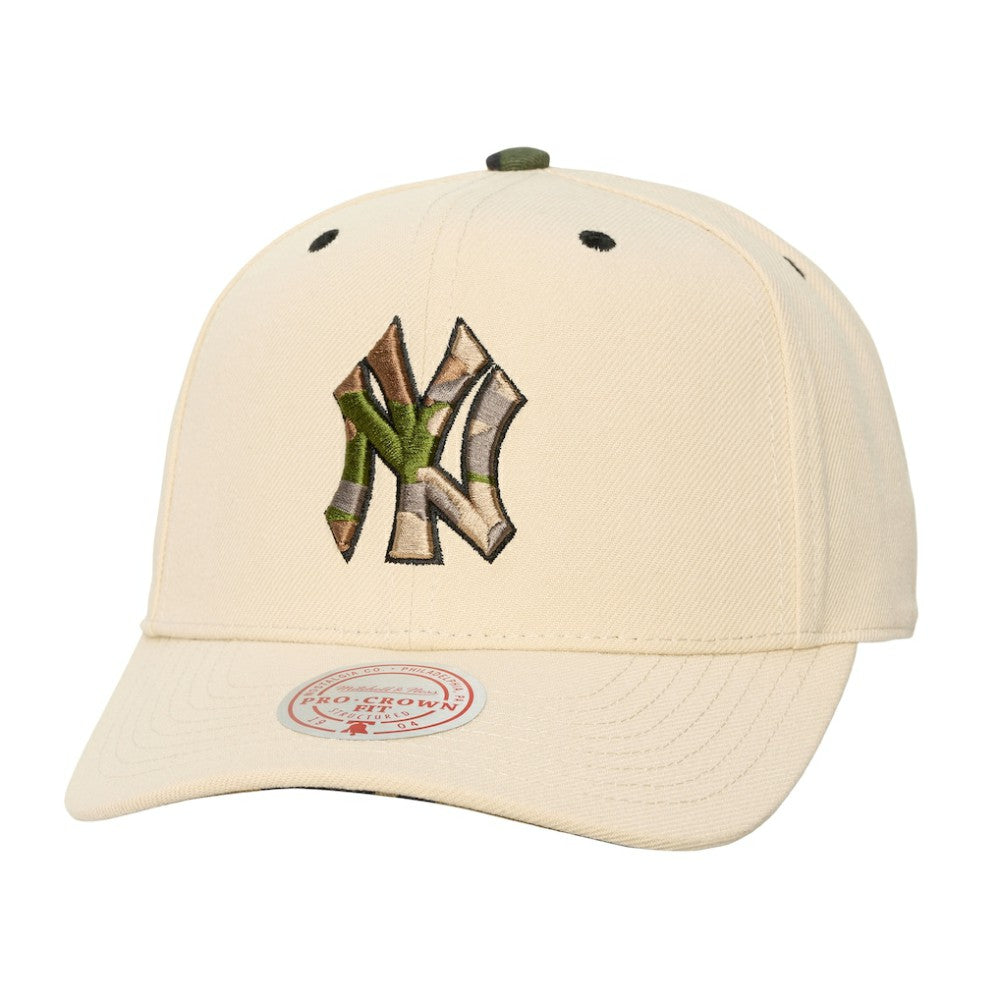 New York Yankees Mitchell & Ness Unisex Camo Logo Pro Crown Snapback Hat - Cream Hats