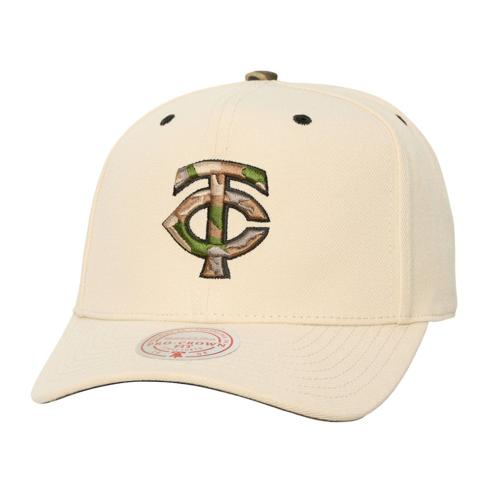 Minnesota Twins Mitchell & Ness Unisex Camo Logo Pro Crown Snapback Hat - Cream Hats