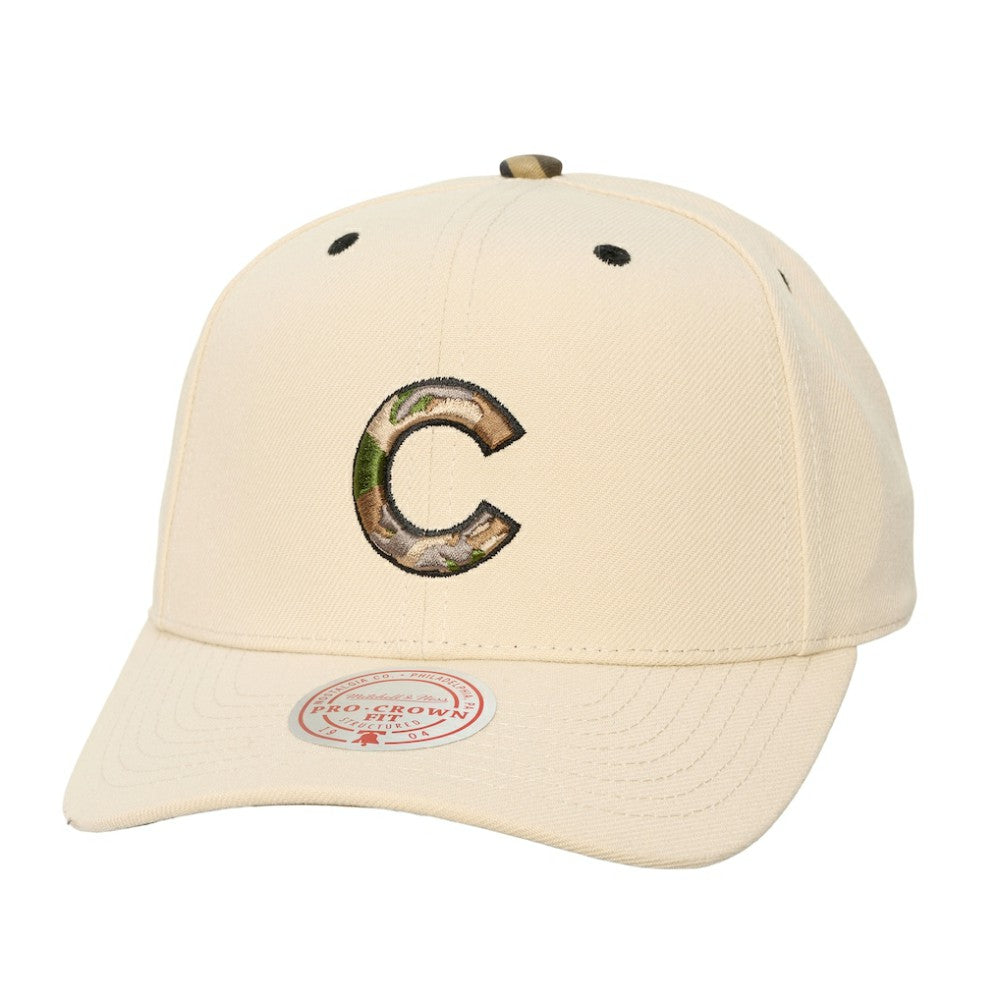 Chicago Cubs Mitchell & Ness Unisex Camo Logo Pro Crown Snapback Hat - Cream Hats