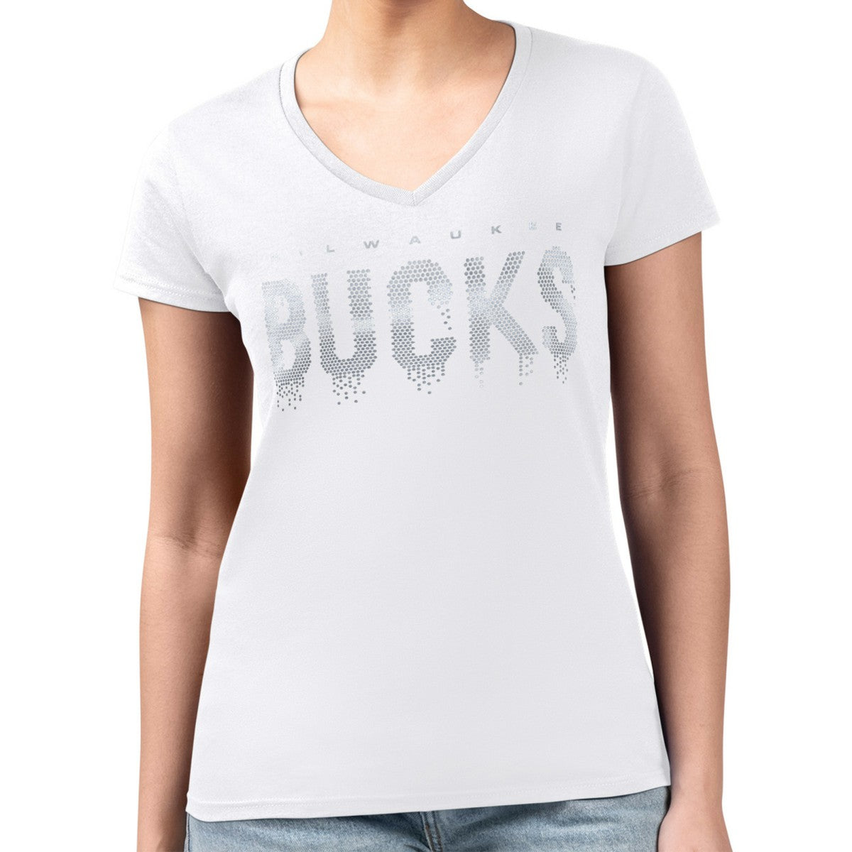 Milwaukee Bucks G-III 4Her by Carl Banks Women's Super-Slim-Fit Metallic Drop Lightweight V-Neck T-Shirt White