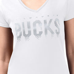 Milwaukee Bucks G-III 4Her by Carl Banks Women's Super-Slim-Fit Metallic Drop Lightweight V-Neck T-Shirt White
