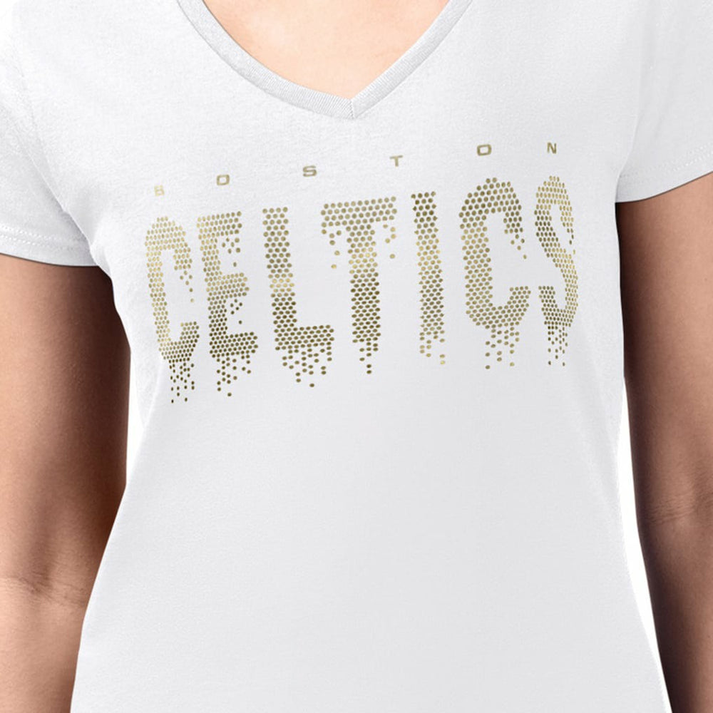 Boston Celtics G-III 4Her by Carl Banks Women's Super-Slim-Fit Metallic Drop Lightweight V-Neck T-Shirt White