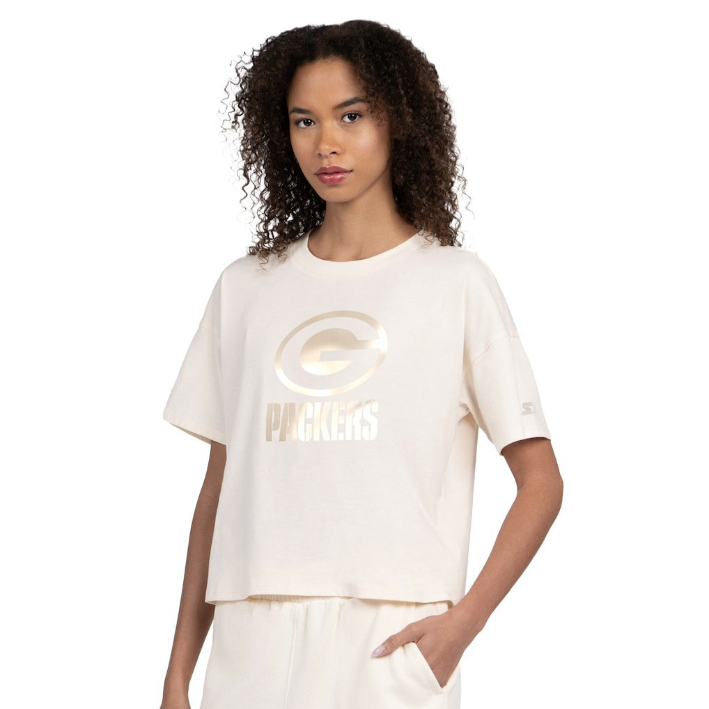 Green Bay Packers Starter Women's Pastel Travel Boxy Cropped T-Shirt Cream