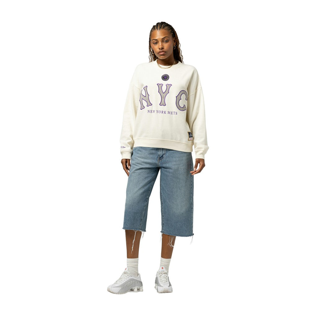 New York Mets Mitchell & Ness Women's Premium Oversized Crewneck Sweatshirt - Cream Sweatshirts