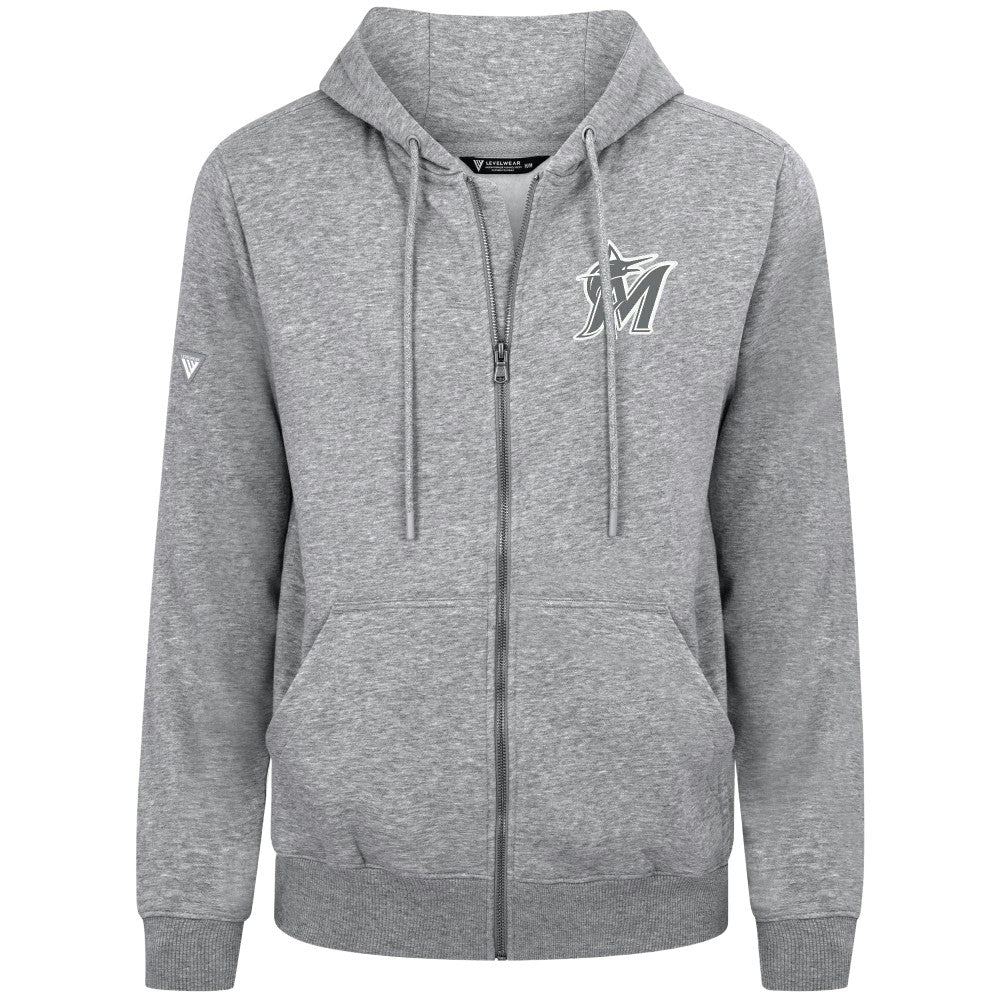 Miami Marlins Levelwear Podium Chenille Logo Full-Zip Hoodie - Heather Gray Hoodies