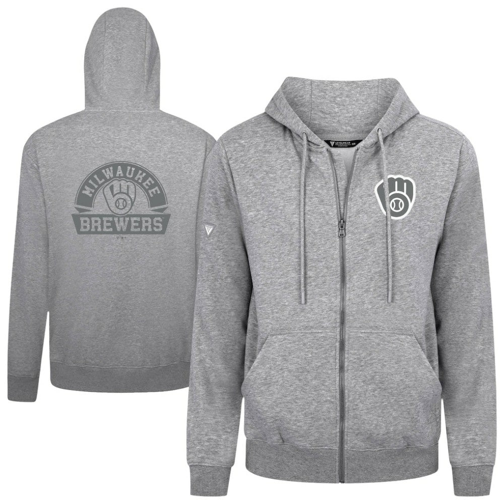 Milwaukee Brewers Levelwear Podium Banner Arch Full-Zip Hoodie - Heather Gray Hoodies