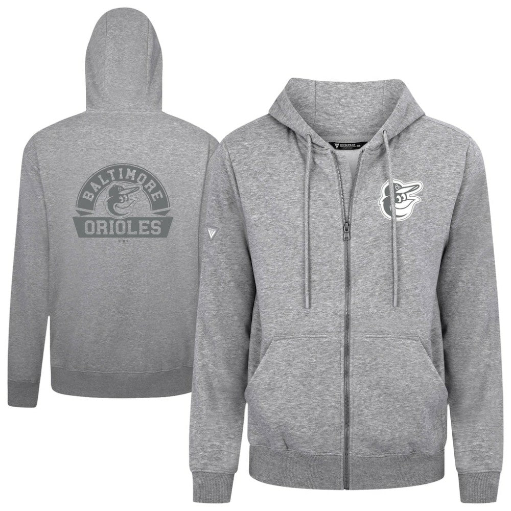 Baltimore Orioles Levelwear Podium Banner Arch Full-Zip Hoodie - Heather Gray Hoodies