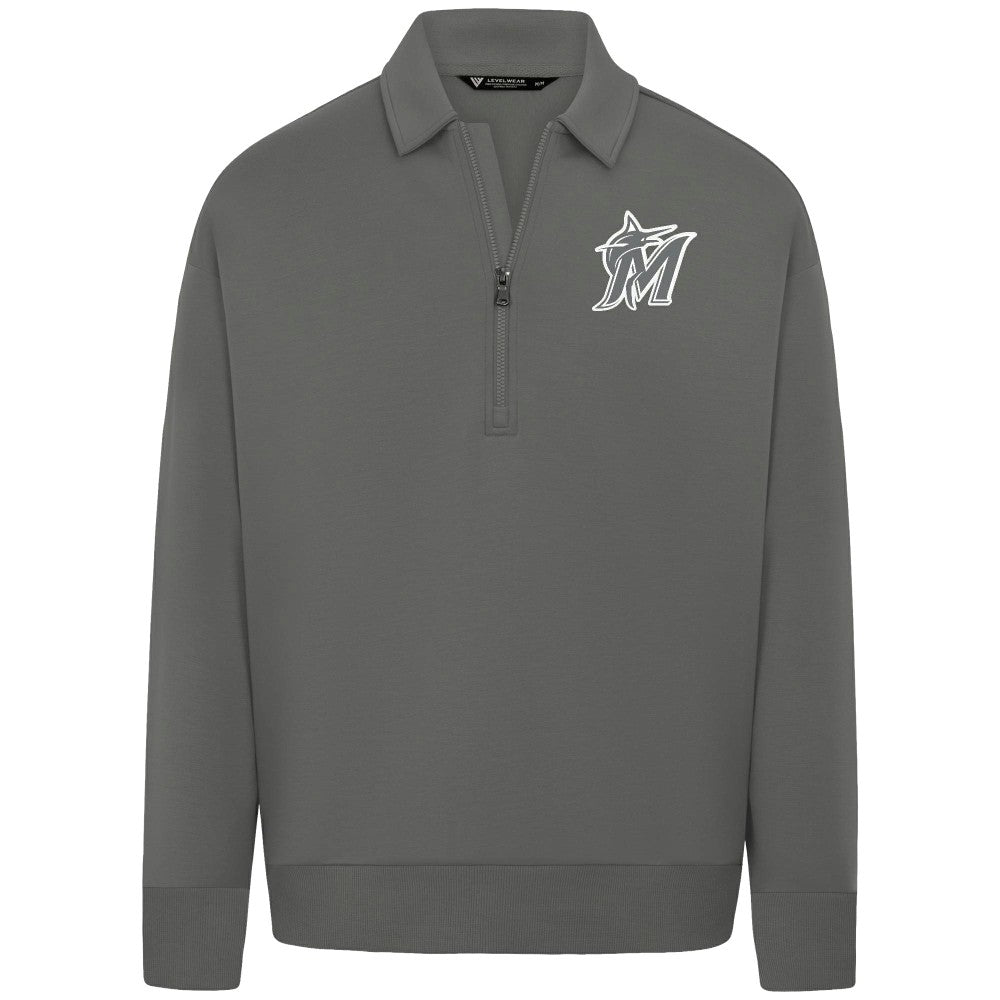 Miami Marlins Levelwear Luxe Signature Quarter-Zip Chenille Logo Tri-Blend Sweatshirt - Gray Sweatshirts