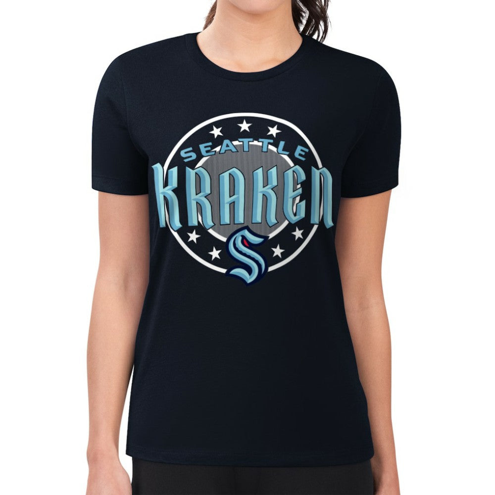 NHL Seattle Kraken G-III 4Her by Carl Banks Women's Super-Slim Lightweight Pinstripe Circle Graphic T-Shirt - Navy