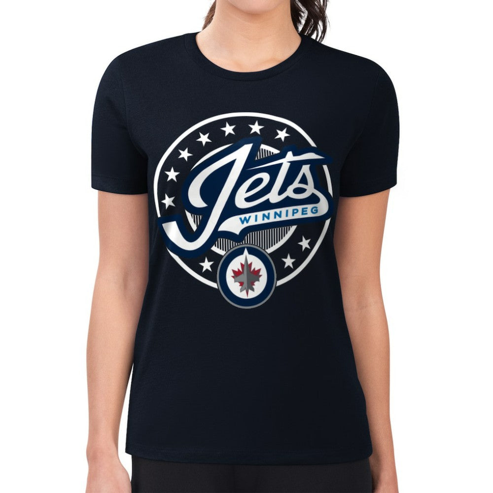 NHL Winnipeg Jets G-III 4Her by Carl Banks Women's Super-Slim Lightweight Pinstripe Circle Graphic T-Shirt - Navy