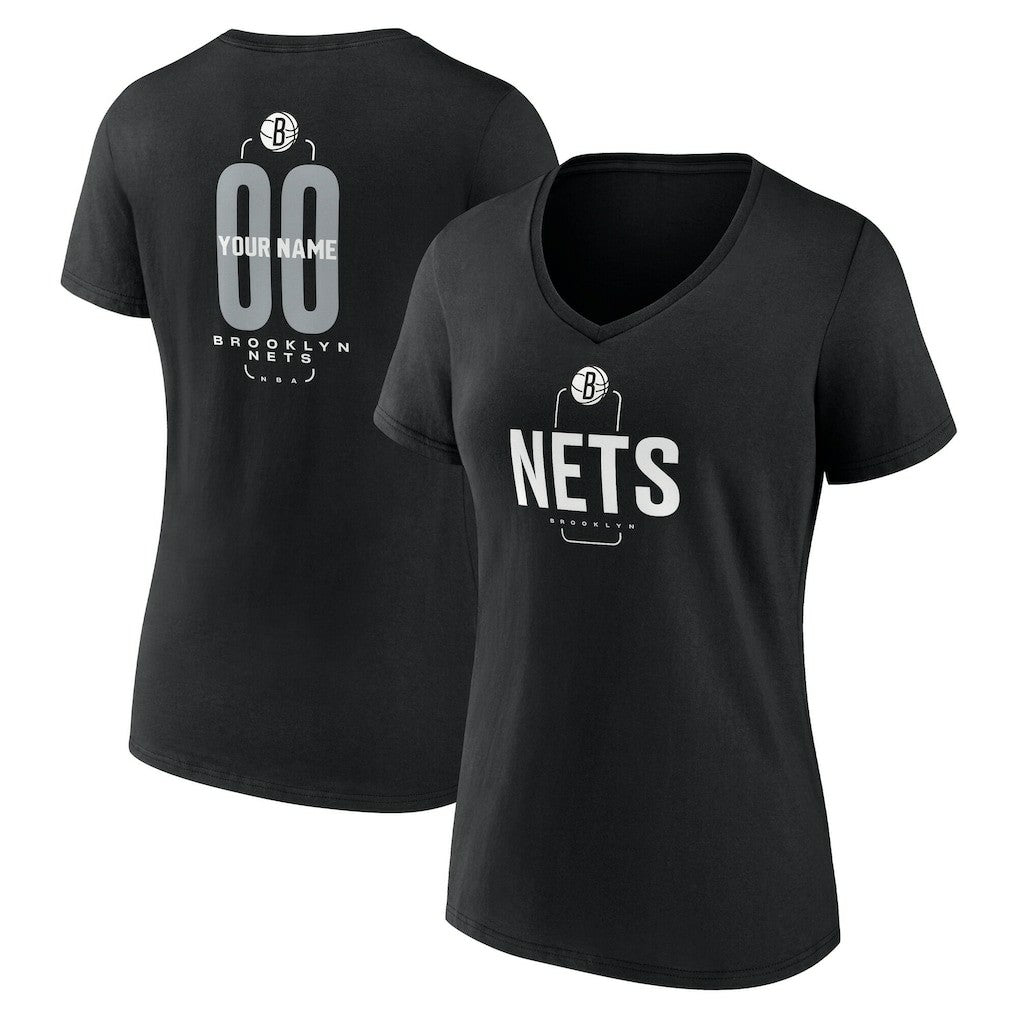 Brooklyn Nets Women's Center Court Name & Number Custom V-Neck T-Shirt Black