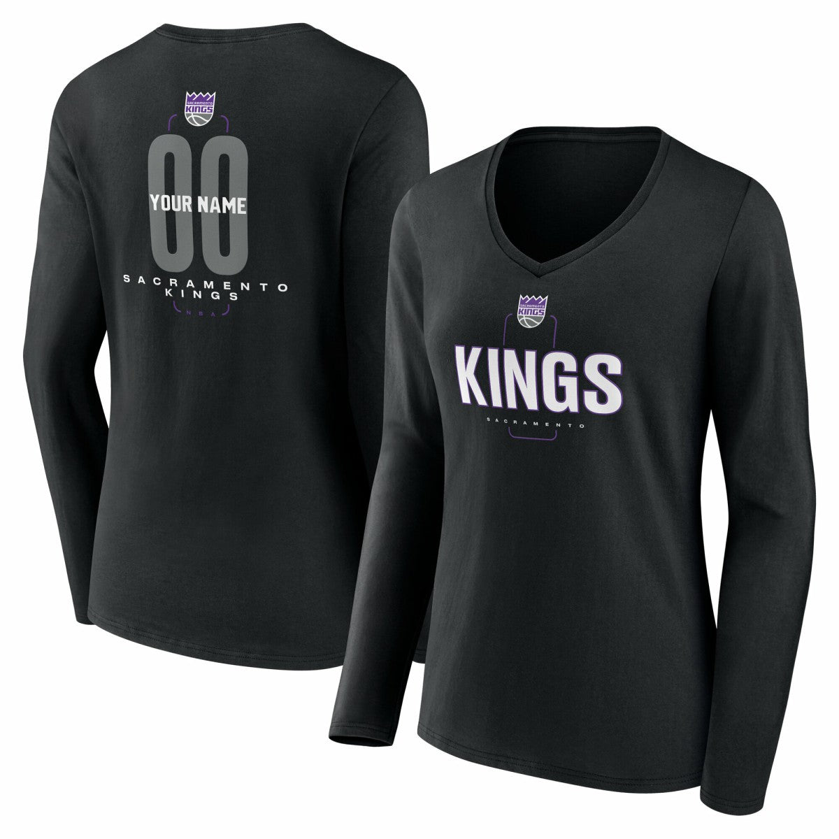 Sacramento Kings Women's Center Court Name & Number Custom Long Sleeve V-Neck T-Shirt Black