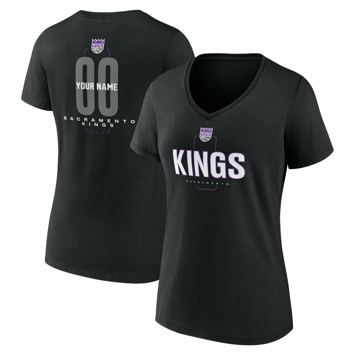 Sacramento Kings Women's Center Court Name & Number Custom V-Neck T-Shirt Black