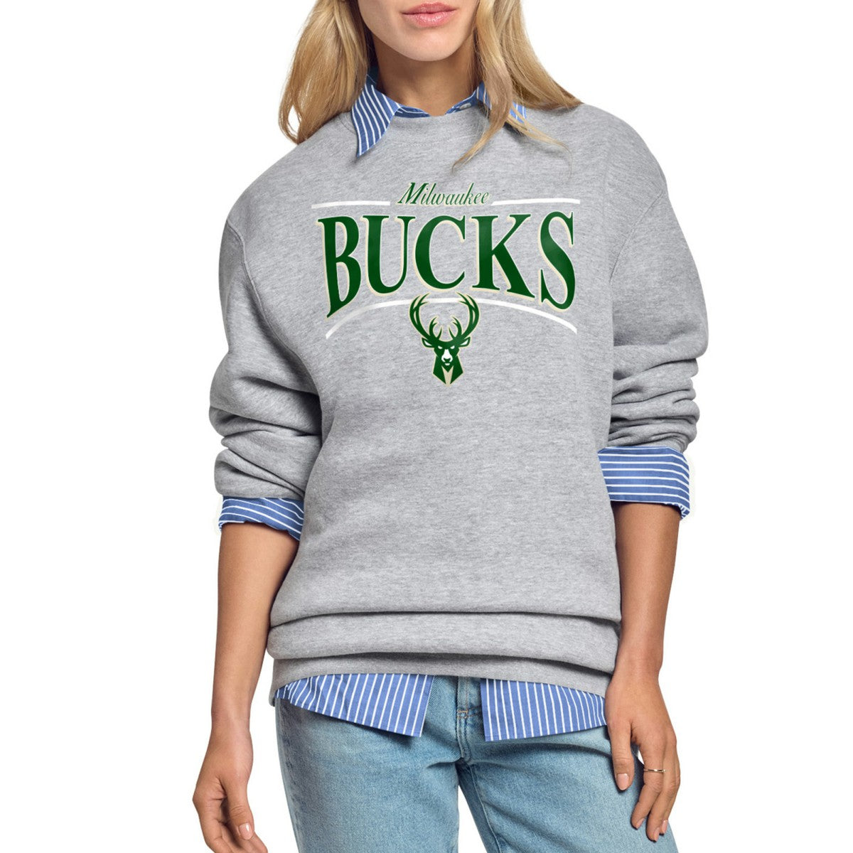 Milwaukee Bucks Starter Women's Arch Stripe Fleece Crewneck Sweatshirt Gray