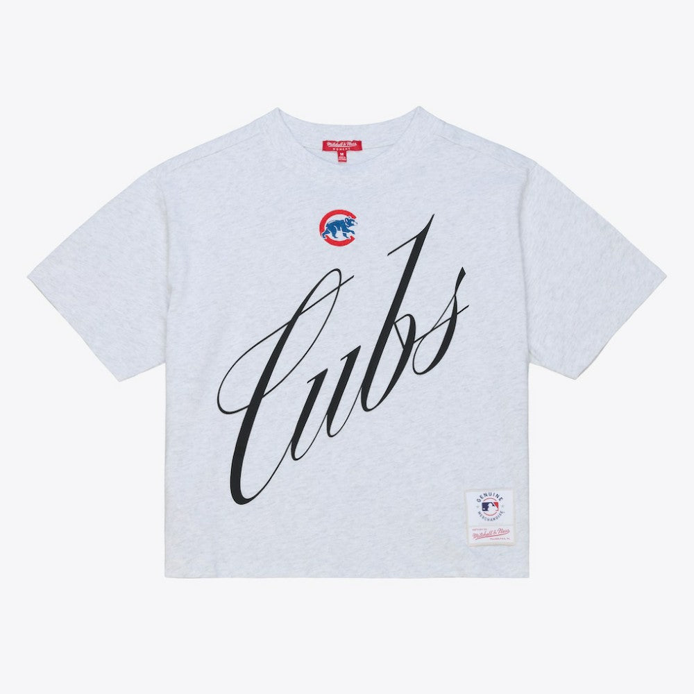 Chicago Cubs Mitchell & Ness Women's Script Cropped Boxy T-Shirt - Heather Gray T-shirts