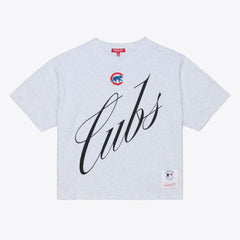 Chicago Cubs Mitchell & Ness Women's Script Cropped Boxy T-Shirt - Heather Gray T-shirts