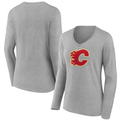 NHL Calgary Flames Women's Primary Logo Long Sleeve V-Neck T-Shirt - Gray