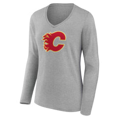 NHL Calgary Flames Women's Primary Logo Long Sleeve V-Neck T-Shirt - Gray