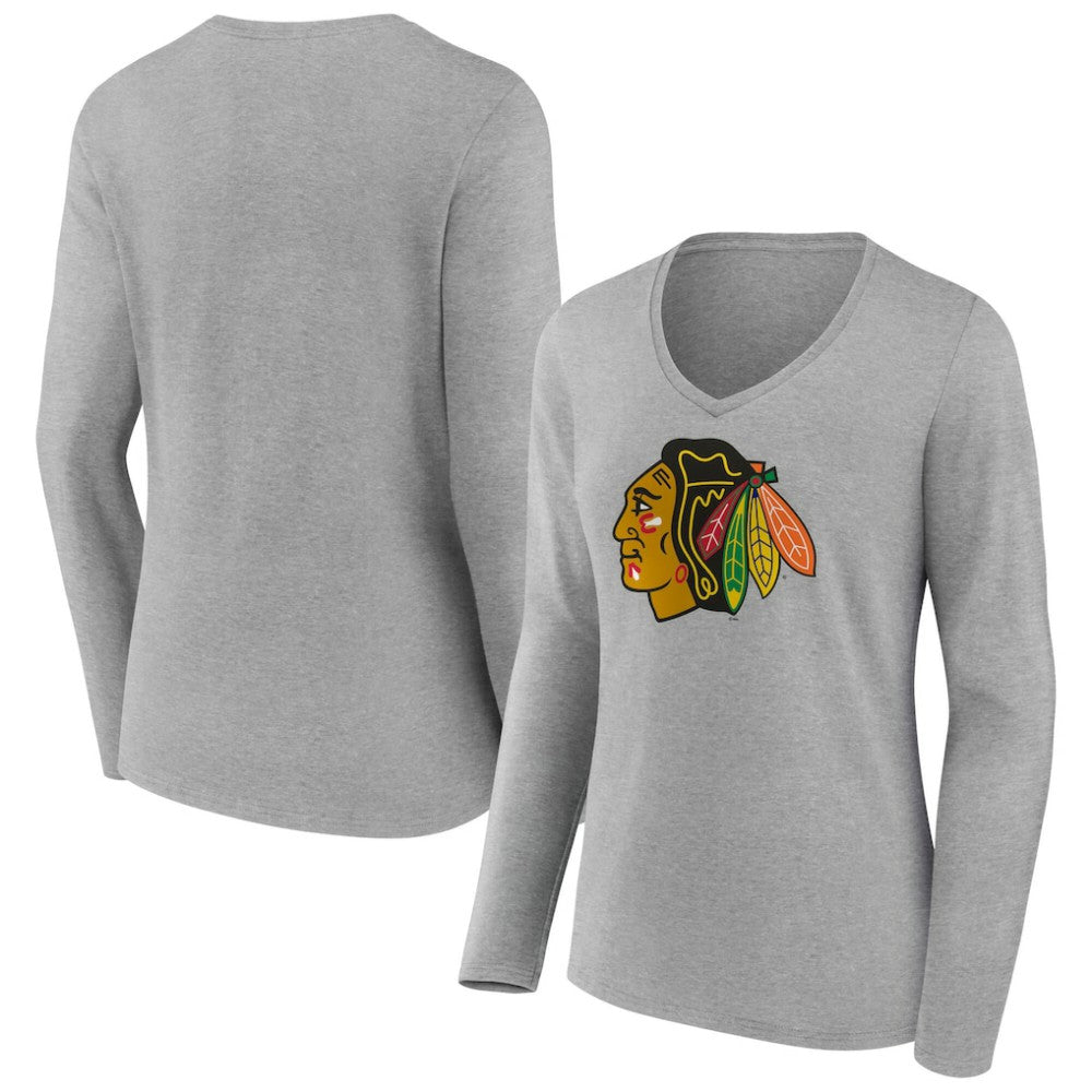 NHL Chicago Blackhawks Women's Primary Logo Long Sleeve V-Neck T-Shirt - Gray