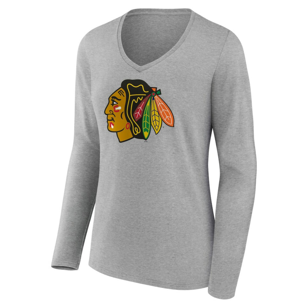NHL Chicago Blackhawks Women's Primary Logo Long Sleeve V-Neck T-Shirt - Gray