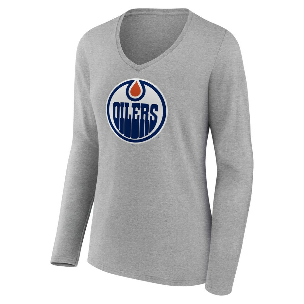 NHL Edmonton Oilers Women's Primary Logo Long Sleeve V-Neck T-Shirt - Gray