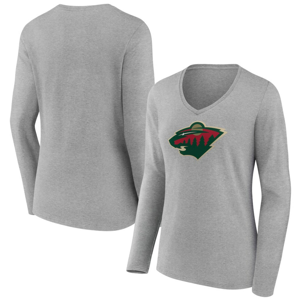 NHL Minnesota Wild Women's Primary Logo Long Sleeve V-Neck T-Shirt - Gray