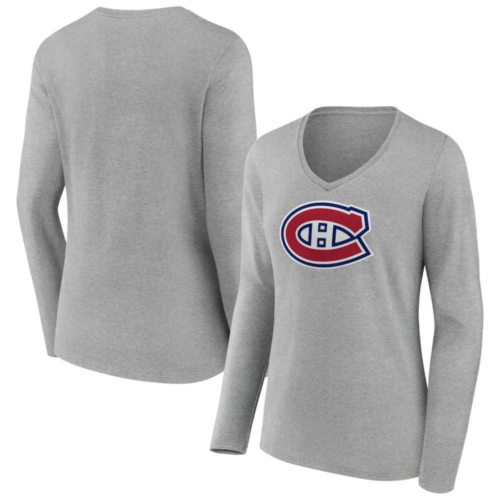 NHL Montreal Canadiens Women's Primary Logo Long Sleeve V-Neck T-Shirt - Gray