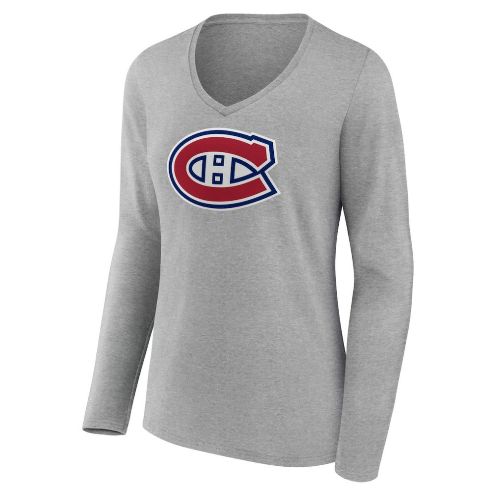 NHL Montreal Canadiens Women's Primary Logo Long Sleeve V-Neck T-Shirt - Gray