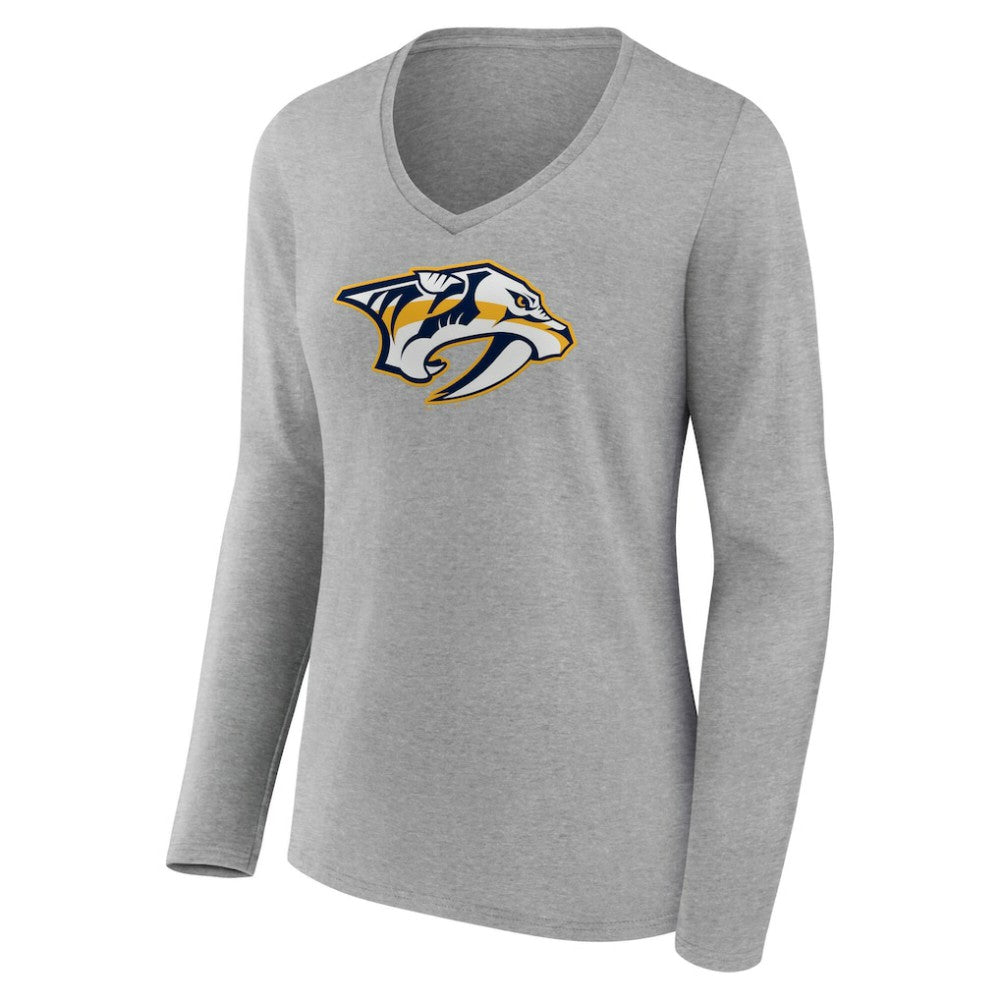 NHL Nashville Predators Women's Primary Logo Long Sleeve V-Neck T-Shirt - Gray