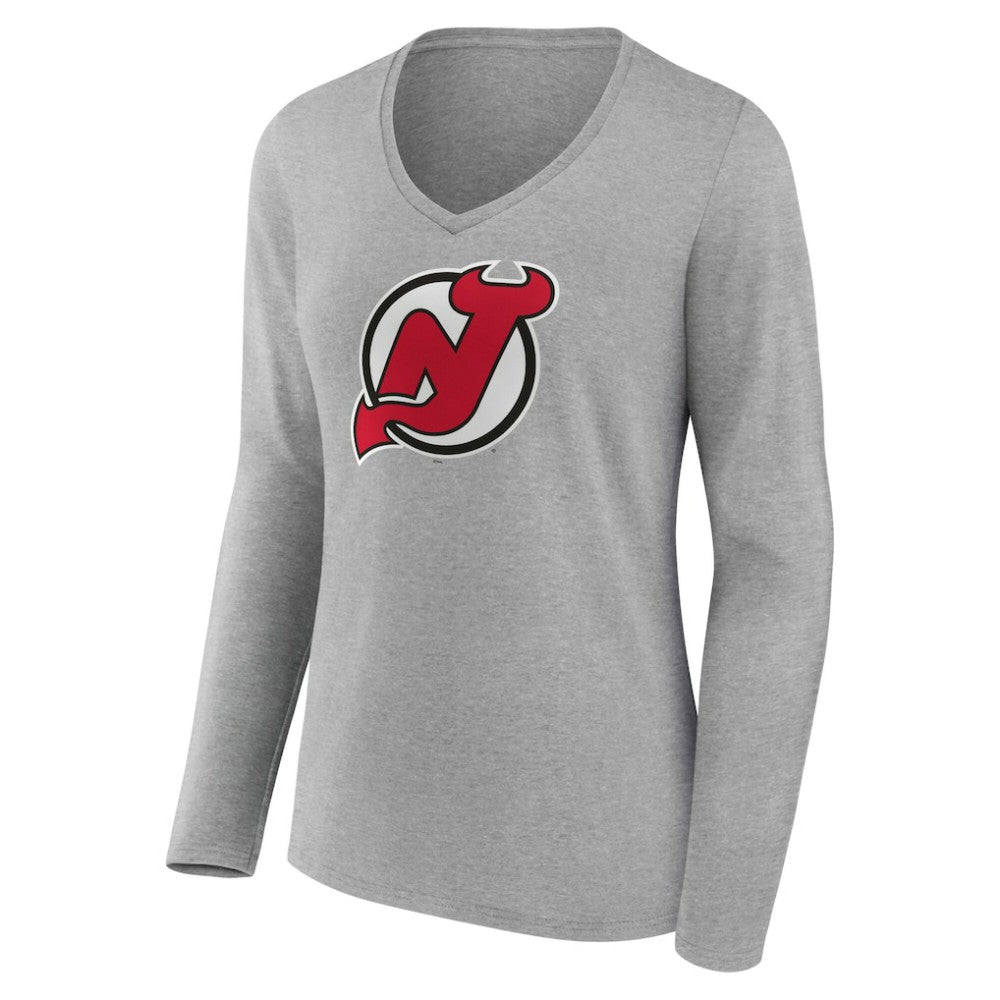 NHL New Jersey Devils Women's Primary Logo Long Sleeve V-Neck T-Shirt - Gray