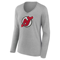 NHL New Jersey Devils Women's Primary Logo Long Sleeve V-Neck T-Shirt - Gray