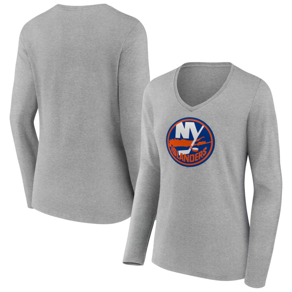 NHL New York Islanders Women's Primary Logo Long Sleeve V-Neck T-Shirt - Gray