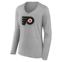 NHL Philadelphia Flyers Women's Primary Logo Long Sleeve V-Neck T-Shirt - Gray