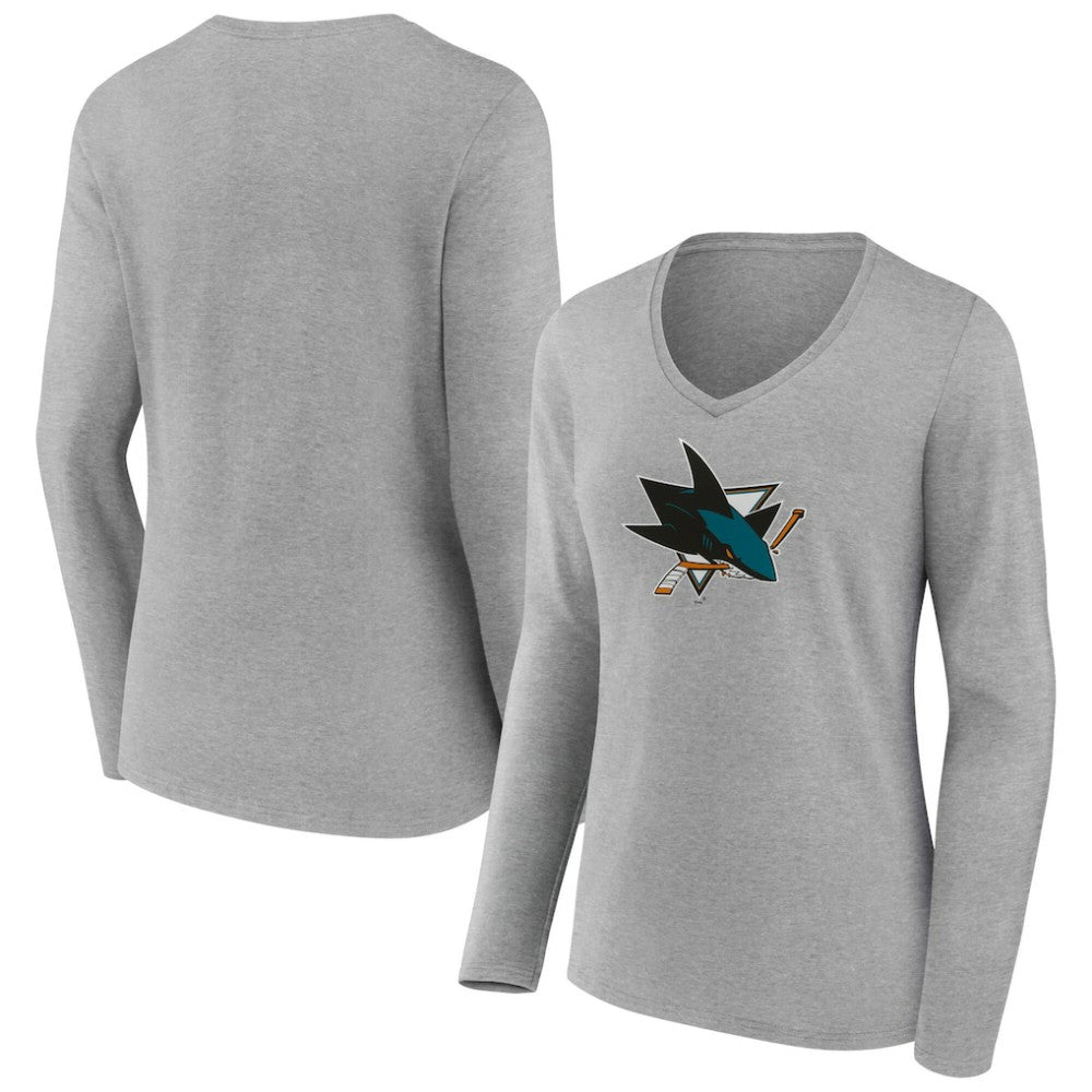 NHL San Jose Sharks Women's Primary Logo Long Sleeve V-Neck T-Shirt - Gray