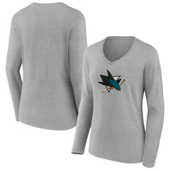 NHL San Jose Sharks Women's Primary Logo Long Sleeve V-Neck T-Shirt - Gray