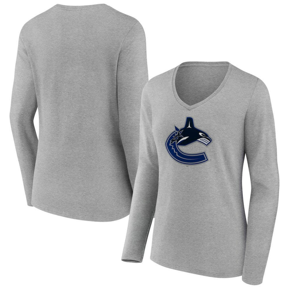 NHL Vancouver Canucks Women's Primary Logo Long Sleeve V-Neck T-Shirt - Gray