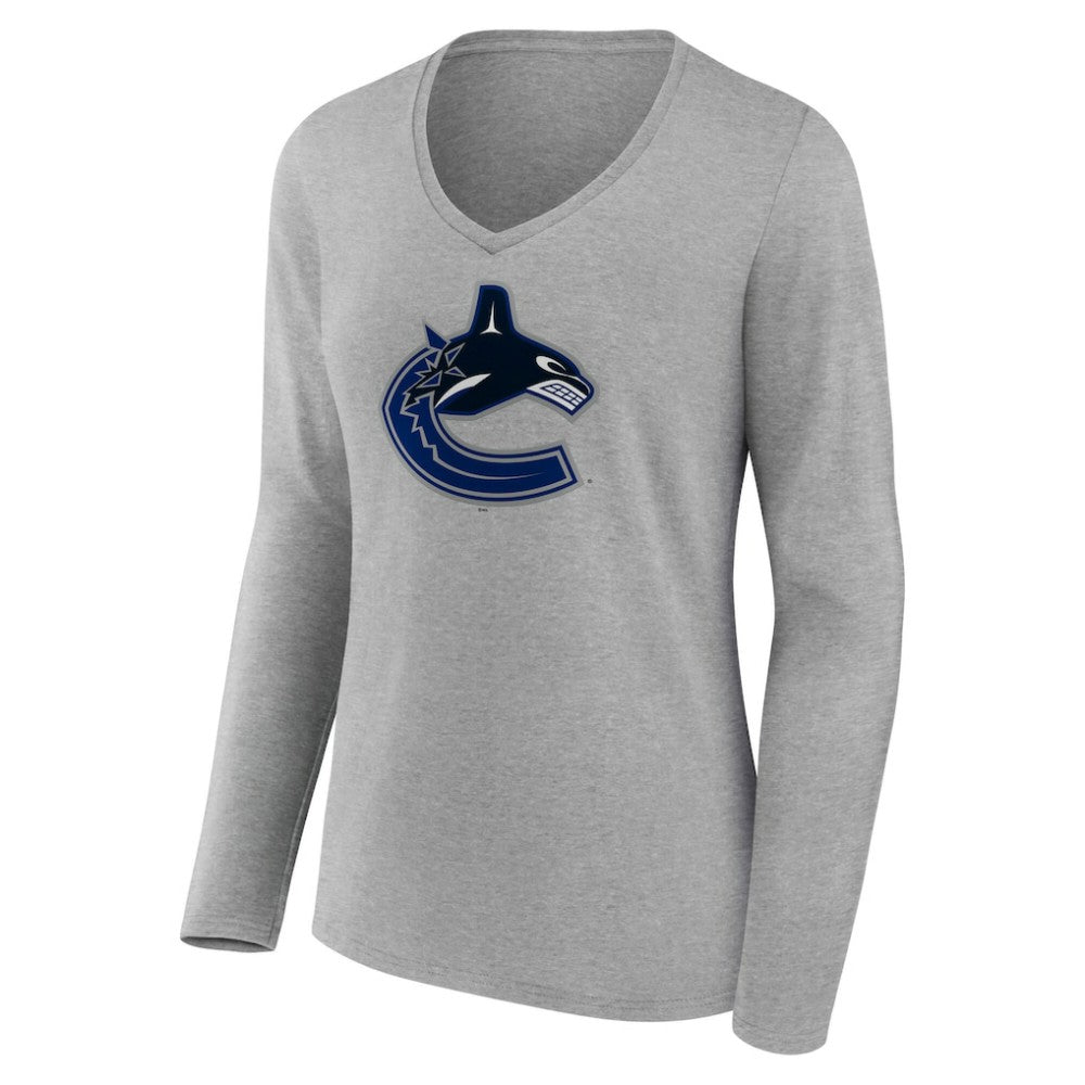 NHL Vancouver Canucks Women's Primary Logo Long Sleeve V-Neck T-Shirt - Gray