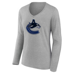 NHL Vancouver Canucks Women's Primary Logo Long Sleeve V-Neck T-Shirt - Gray