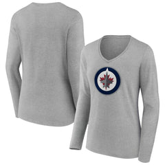 NHL Winnipeg Jets Women's Primary Logo Long Sleeve V-Neck T-Shirt - Gray