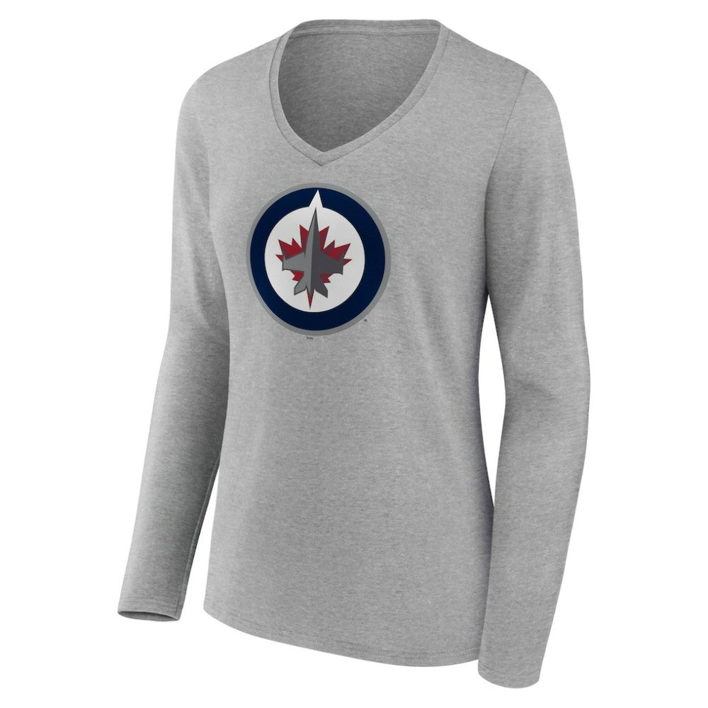 NHL Winnipeg Jets Women's Primary Logo Long Sleeve V-Neck T-Shirt - Gray