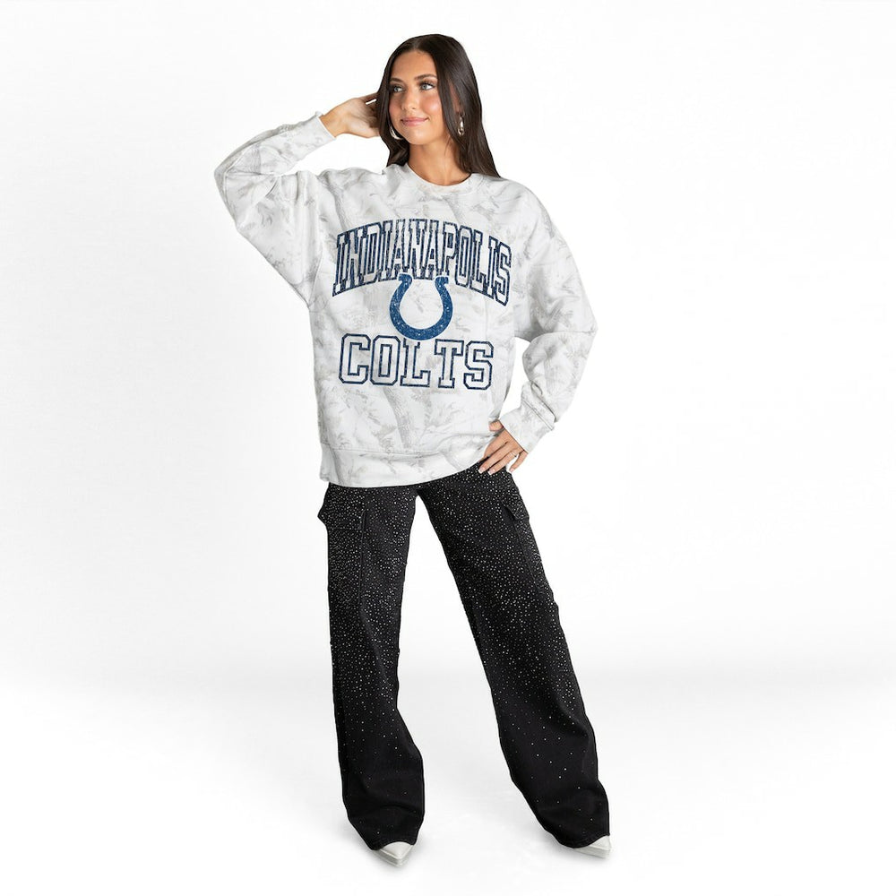 Indianapolis Colts Gameday Couture Women's Whiteout Oversized Premium Fleece Sweatshirt Arctic Camo