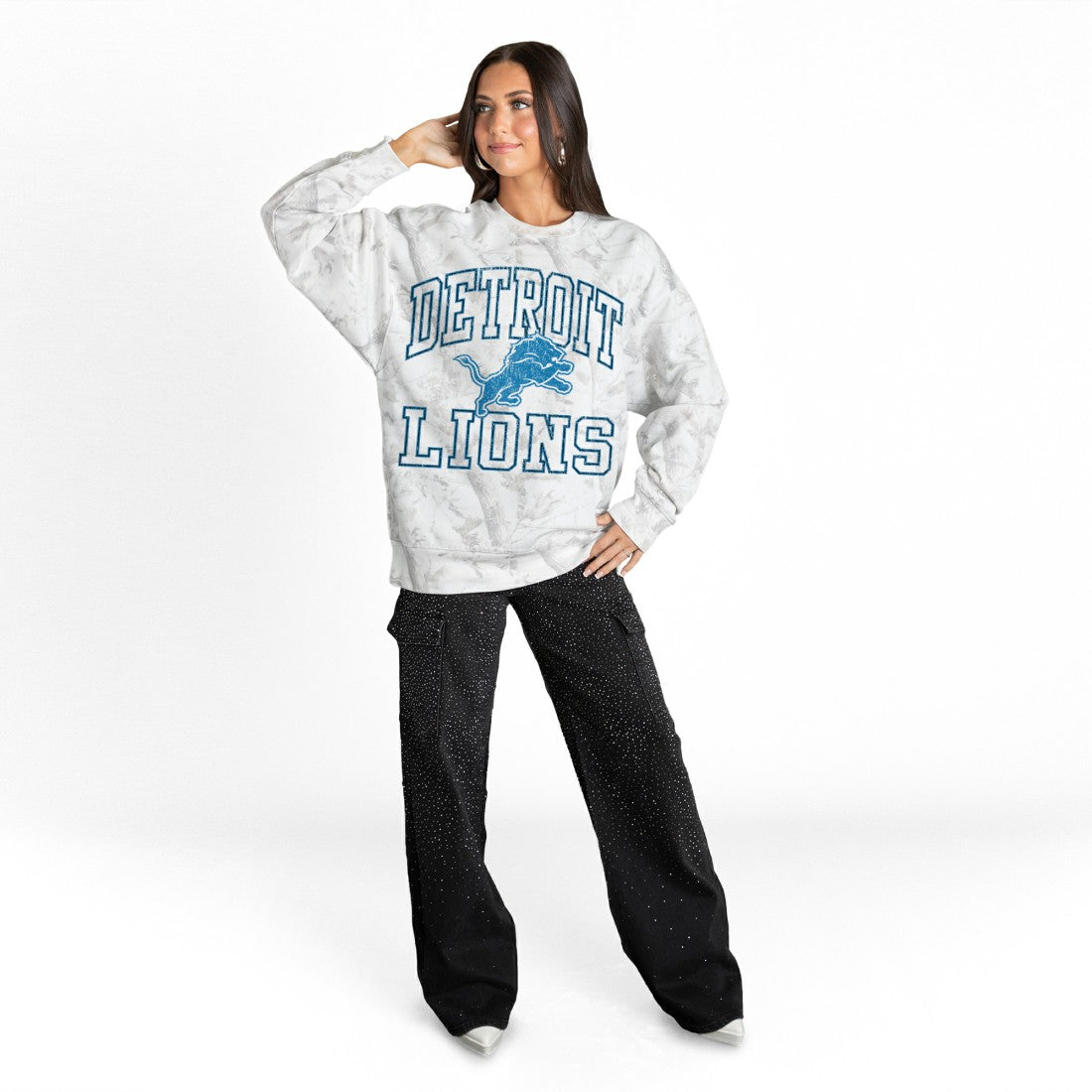 Detroit Lions Gameday Couture Women's Whiteout Oversized Premium Fleece Sweatshirt Arctic Camo