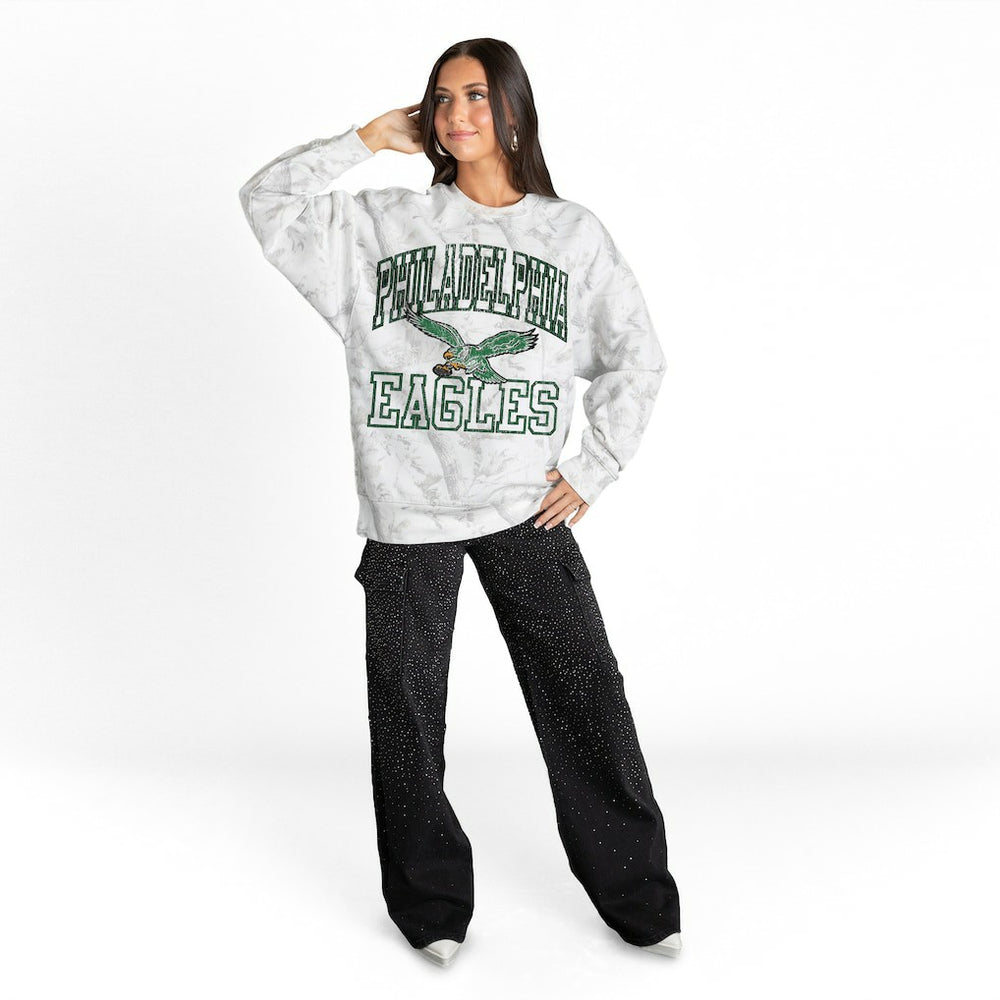Philadelphia Eagles Gameday Couture Women's Whiteout Oversized Premium Fleece Sweatshirt Arctic Camo