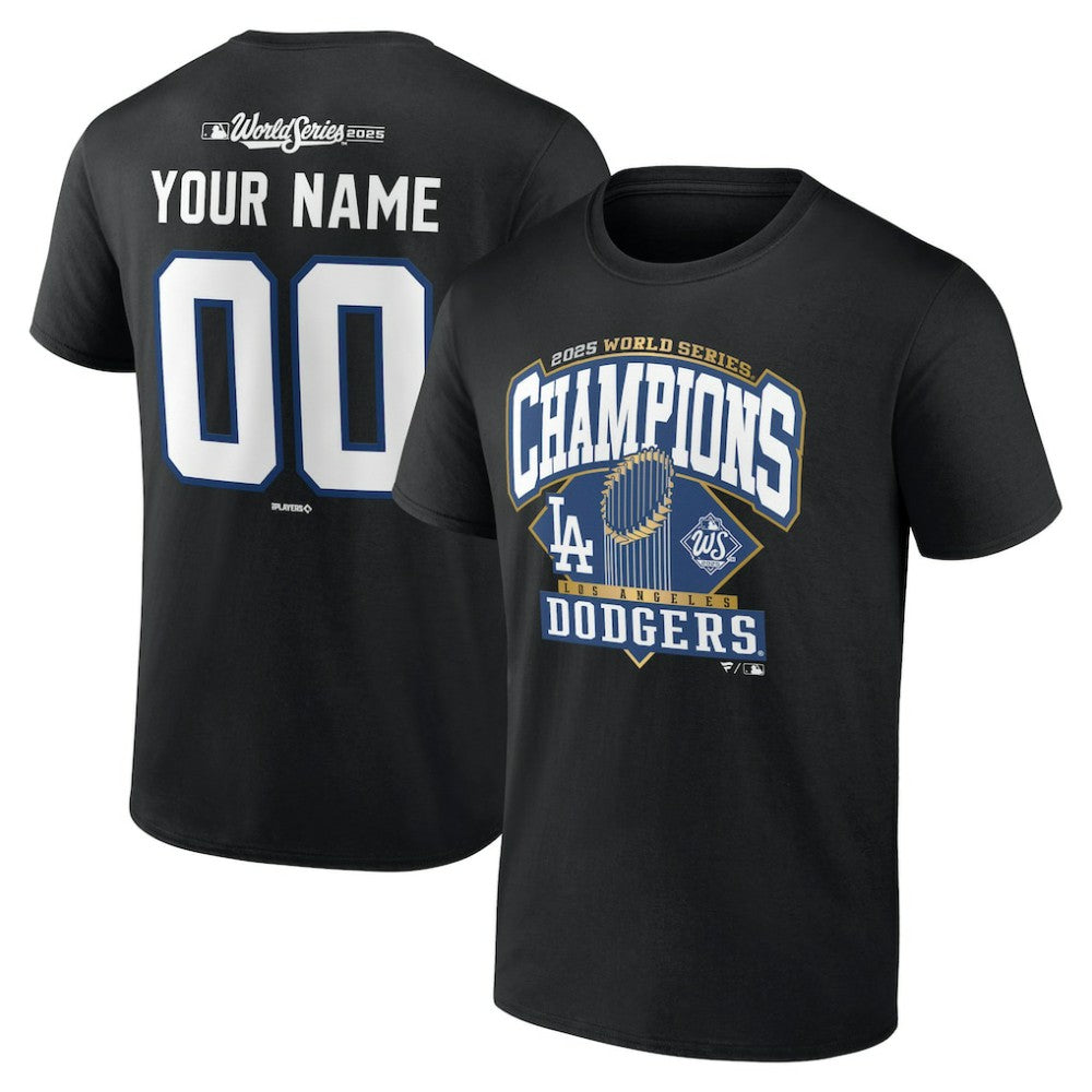 Los Angeles Dodgers 2025 World Series Champions Custom Name & Number T-Shirt - Black T-shirts