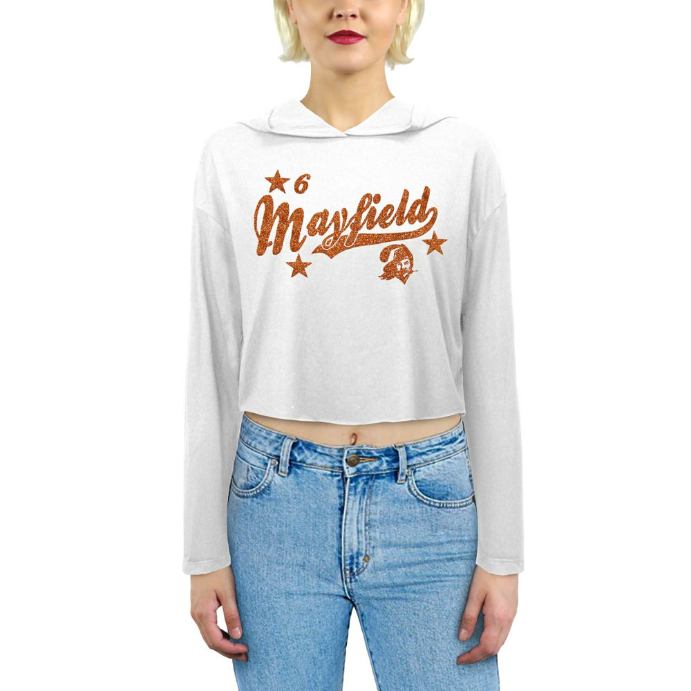 Baker Mayfield Tampa Bay Buccaneers Majestic Threads Women's Glitter Wordmark Hoodie White